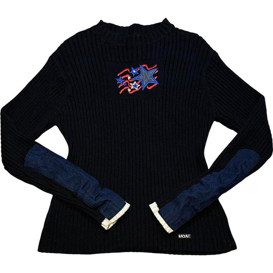 Ribbed Star Embroidered Sweater With denim patches
