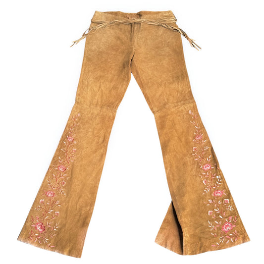 100% suede embroidered pants (low rise